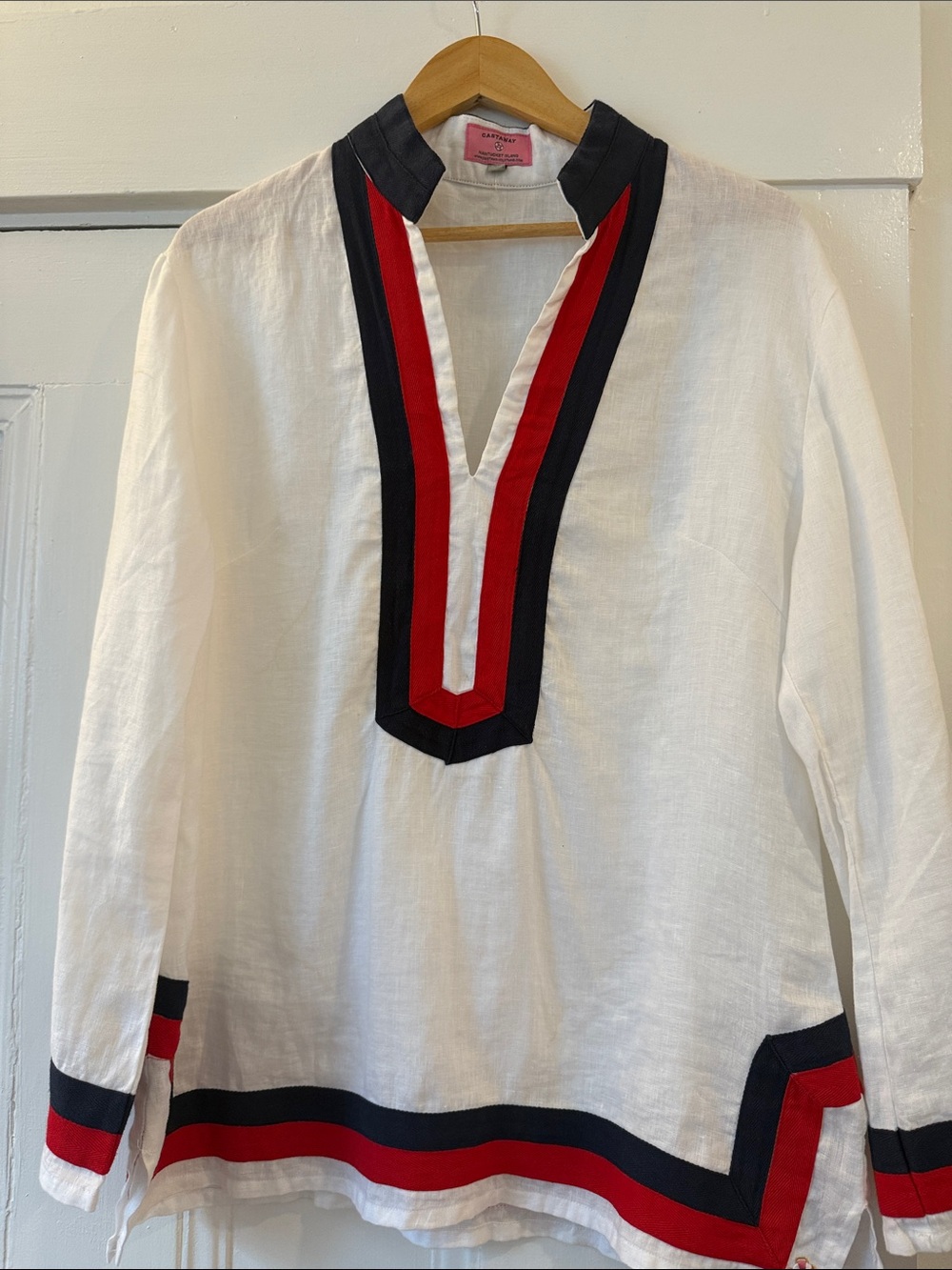 Castaway Nantucket Preppy Nautical Linen Tunic with Navy & Red Trim